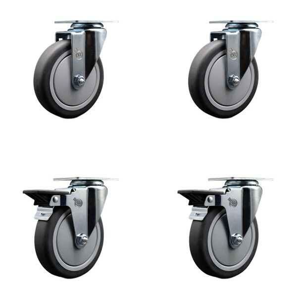 5'' Thermo Rubber Wheel Swivel Top Plate Caster Set with 2 Posi Brakes, 4PK